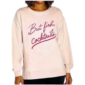 Wildfox NWT But First Cocktails Sweatshirt Side Slits Drop Shoulder Size XS Pink